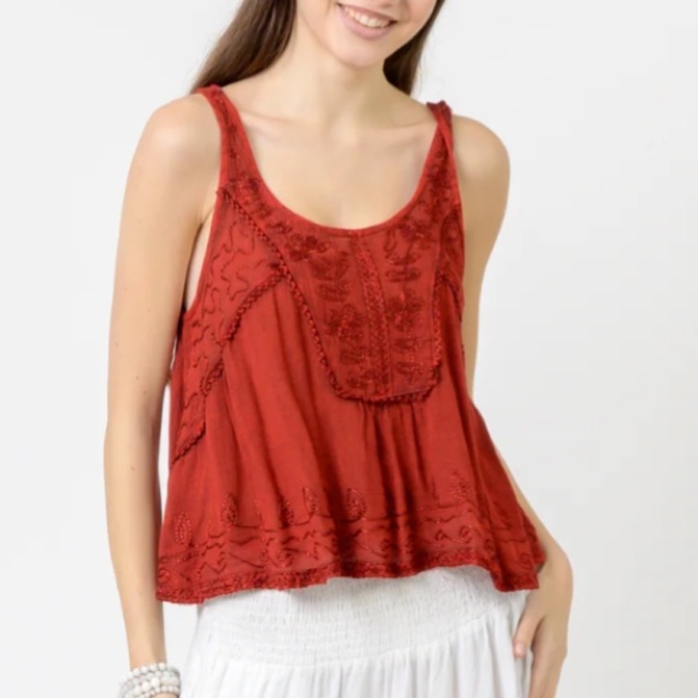 Boho Tank Embroidered Scoop-Neck Top in Terracotta Red